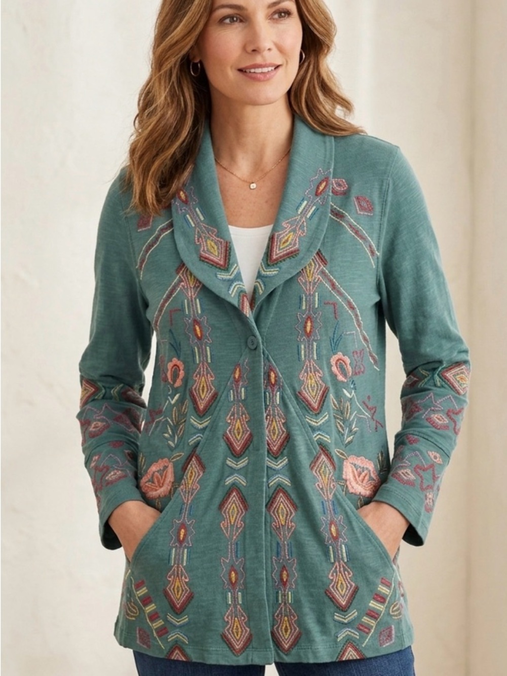 Coldwater Creek Vintage  Green Cotton Juniper Women’s S/M embroidered cardigan